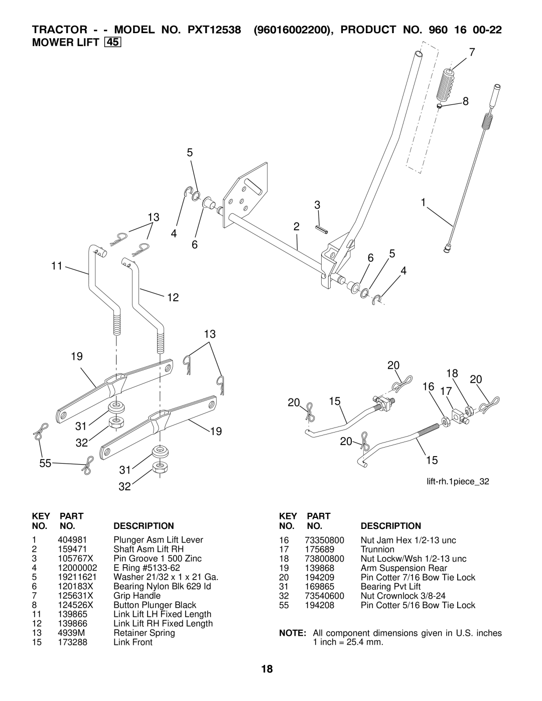 Poulan manual Tractor - Model NO. PXT12538 Mower Lift, 96016002200, Product no 16 