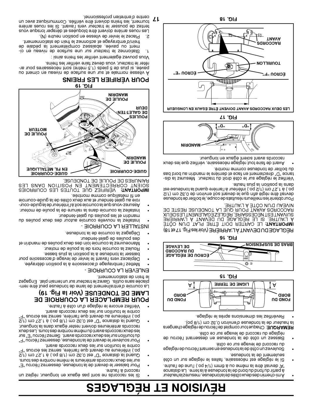 Poulan PXT15538 manual Freins LES Vérifier Pour, Fig la Voir Tondeuse DE Lame DE Courroie LA Remplacer Pour 