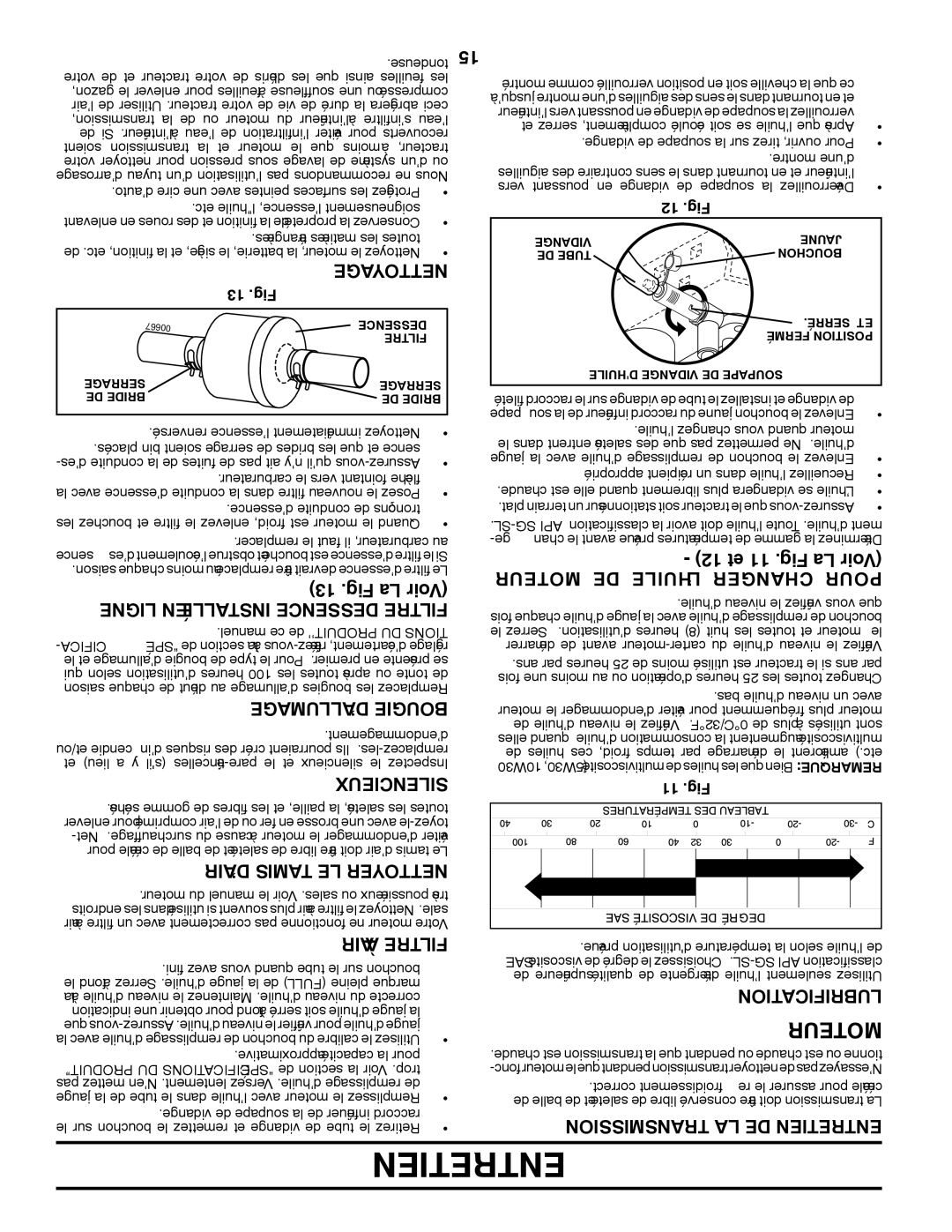 Poulan PXT15538 manual Entretien, Moteur 