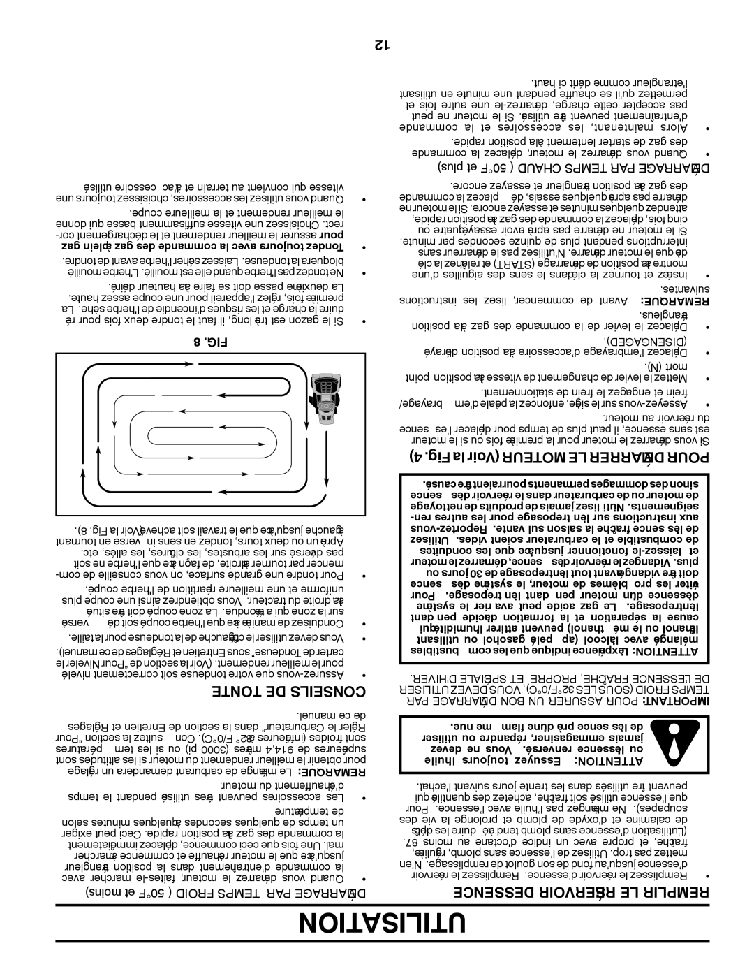 Poulan PXT15538 manual Utilisation, Tonte DE Conseils, Fig la Voir Moteur LE Démarrer Pour, ’ESSENCE Réservoir LE Remplir 