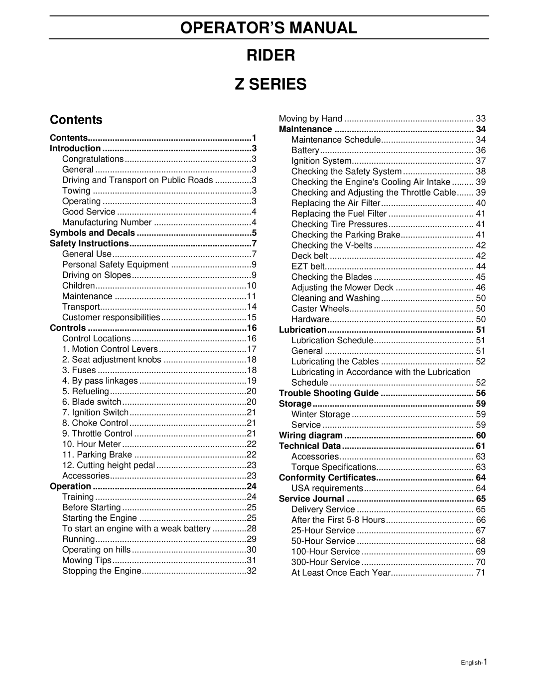 Poulan PZ4822 manual OPERATOR’S Manual Rider Series, Contents 