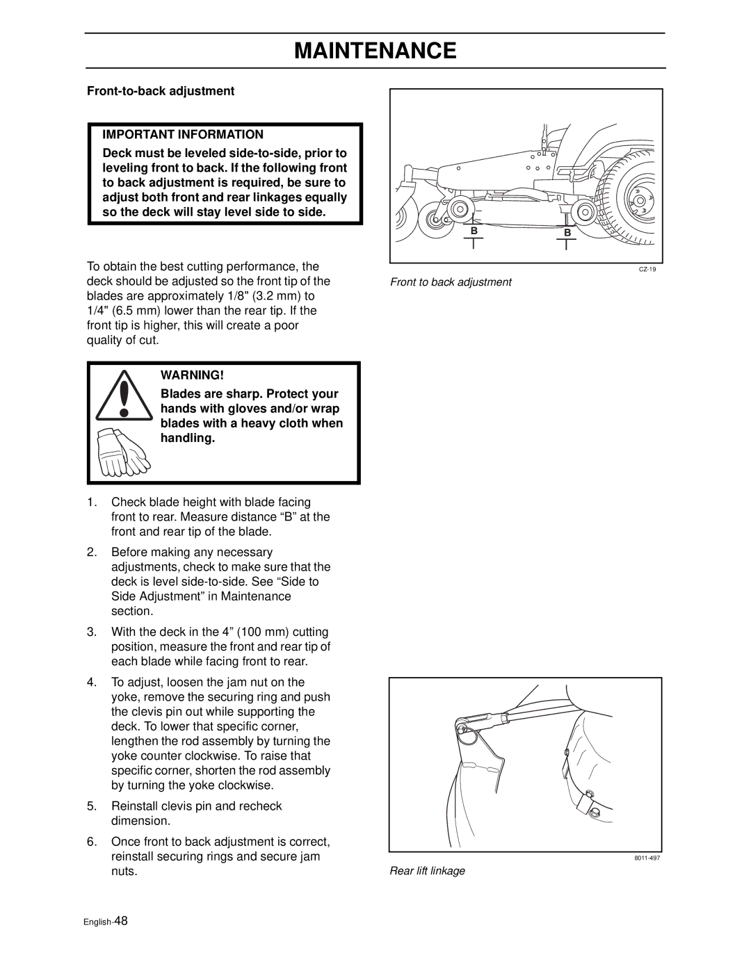 Poulan PZ4822 manual Front-to-back adjustment 