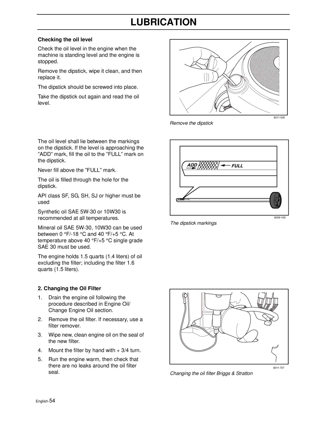 Poulan PZ4822 manual Checking the oil level, Changing the Oil Filter 