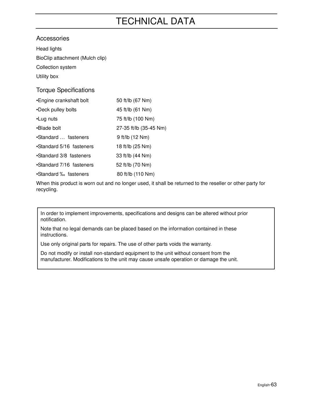 Poulan PZ4822 manual Accessories, Torque Specifications 