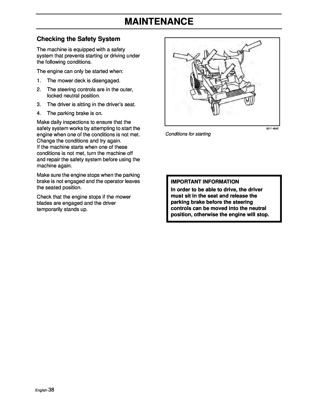 Poulan PZ4822 manual Checking the Safety System, Maintenance, Important Information 