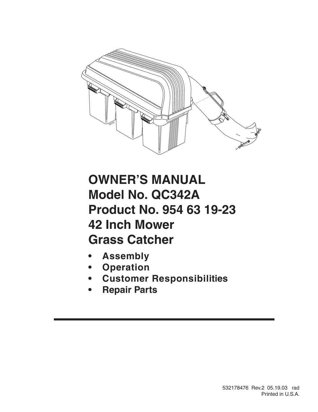 Poulan 954 63 19-23, 532178476 owner manual Model No. QC342A Product No 63 Inch Mower Grass Catcher 