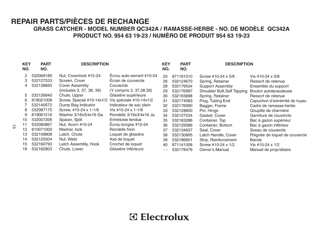 Poulan 954 63 19-23, QC342A, 532178476 owner manual KEY Part Description 