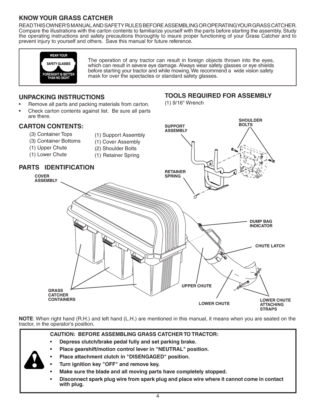 Poulan 954 63 19-23, QC342A Know Your Grass Catcher, Unpacking Instructions, Carton Contents, Parts Identification 