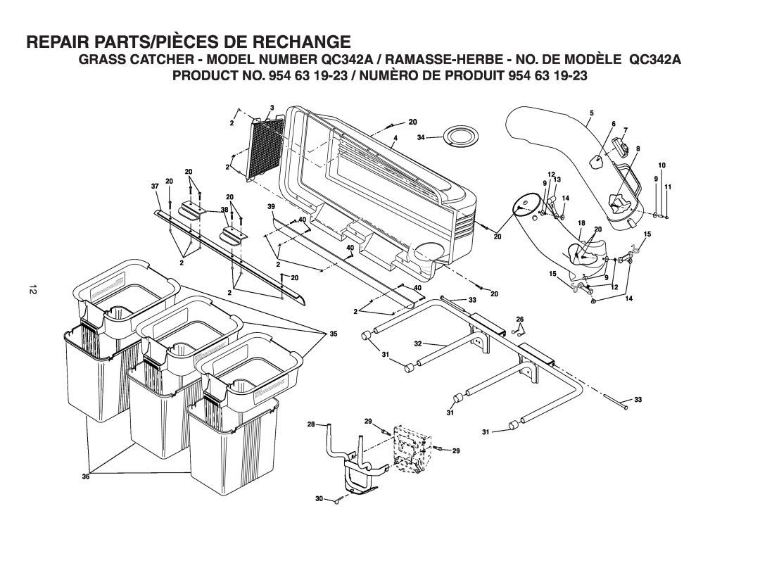 Poulan QC342A, 954 63 19-23, 532178476 owner manual Repair Parts/Pièces De Rechange 
