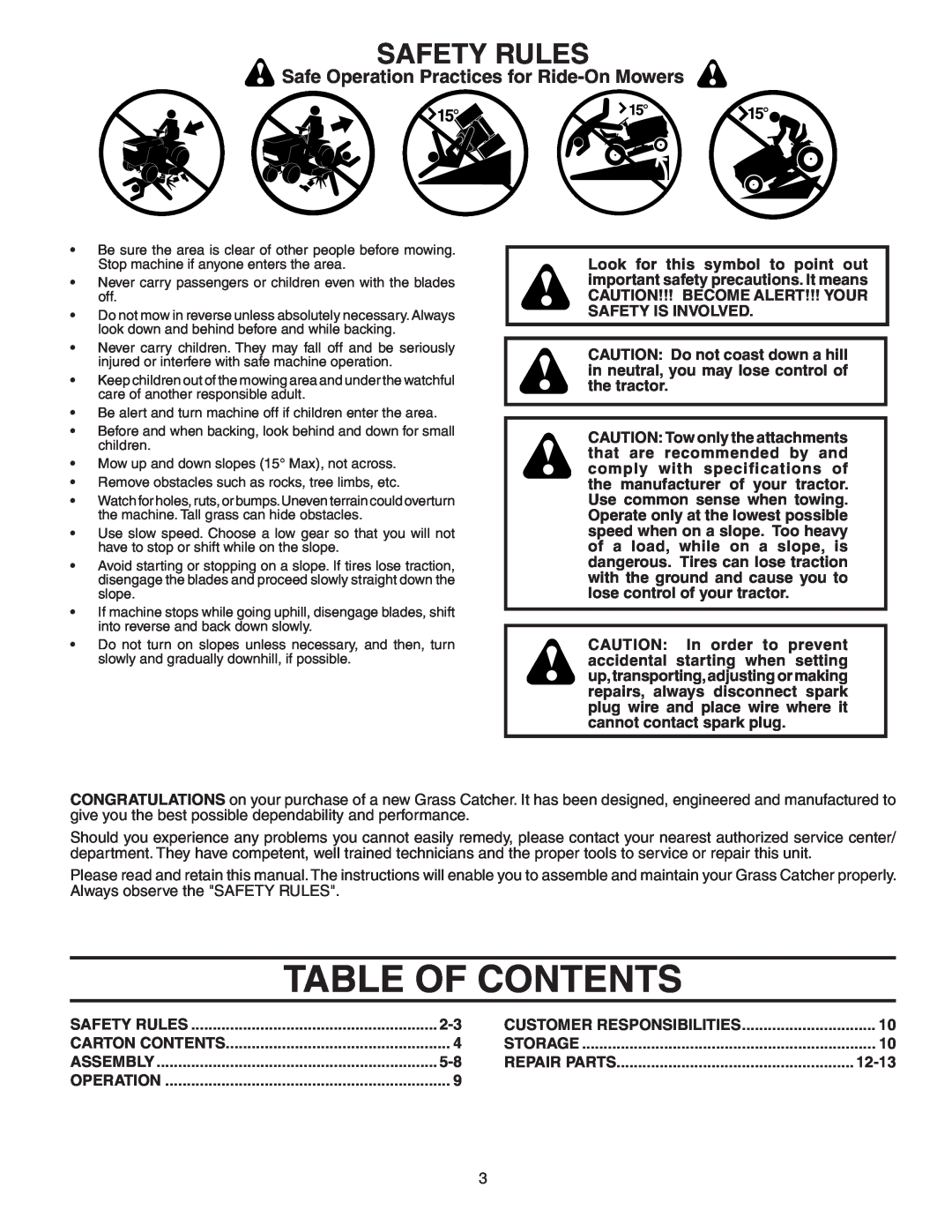 Poulan QC342A, 954 63 19-23, 532178476 Table Of Contents, Safety Rules, Safe Operation Practices for Ride-OnMowers 