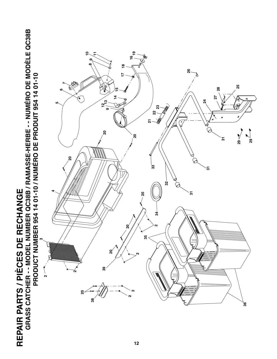 Poulan QC38B, 954 14 01-10, 183159 owner manual Repair Parts / Pièces DE Rechange 