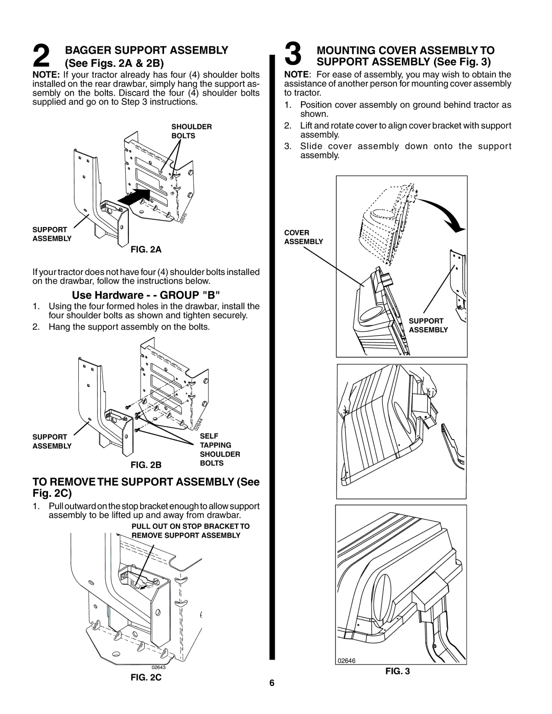 Poulan QC38B See Figs a & 2B, Use Hardware - Group B, To Remove the Support Assembly See C, Support Assembly See Fig 