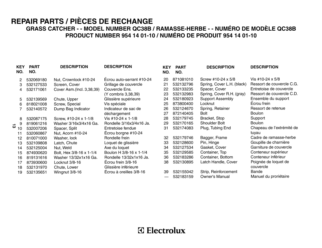 Poulan QC38B, 183159 owner manual Repair Parts / Pièces De Rechange, PRODUCT NUMBER 954 14 01-10 / NUMÉRO DE PRODUIT 