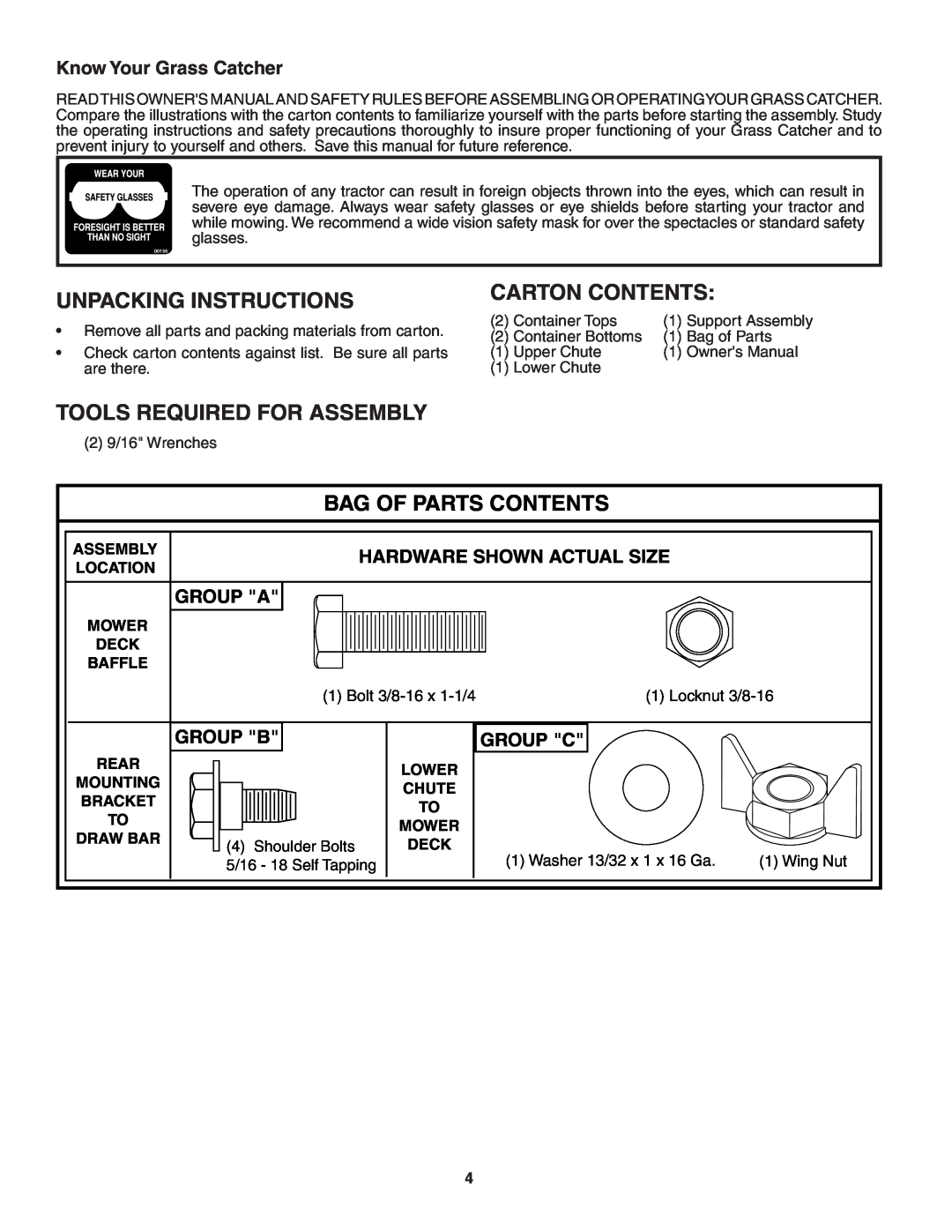Poulan 954 14 01-10 Unpacking Instructions, Carton Contents, Tools Required For Assembly, Bag Of Parts Contents, Group A 