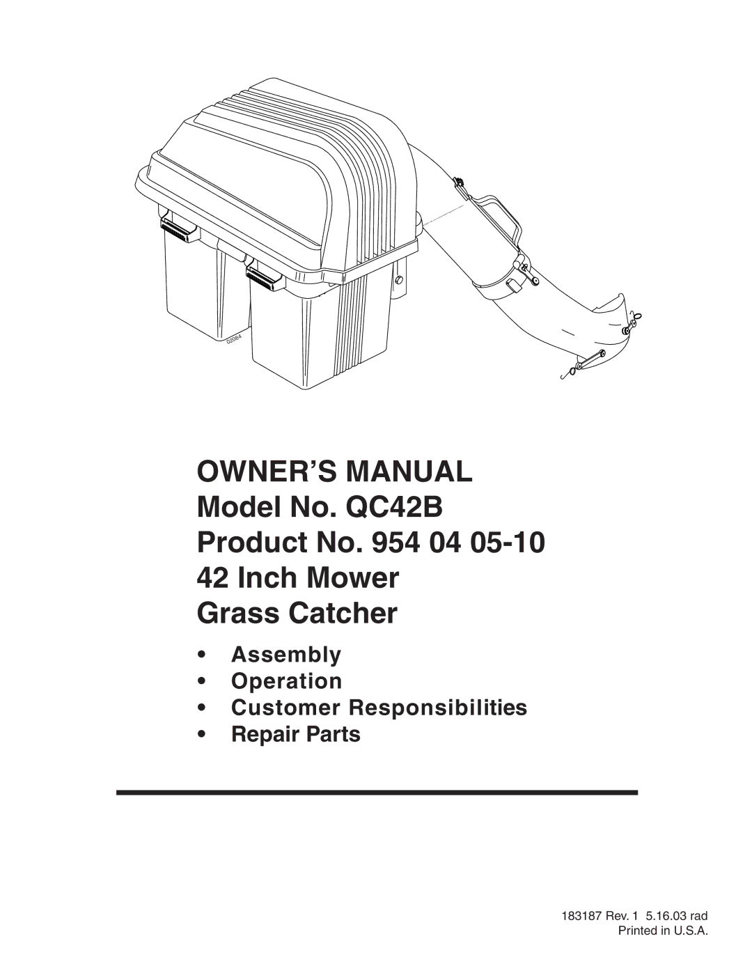 Poulan 954 04 05-10, 183187 owner manual Model No. QC42B Product No 04 Inch Mower Grass Catcher 