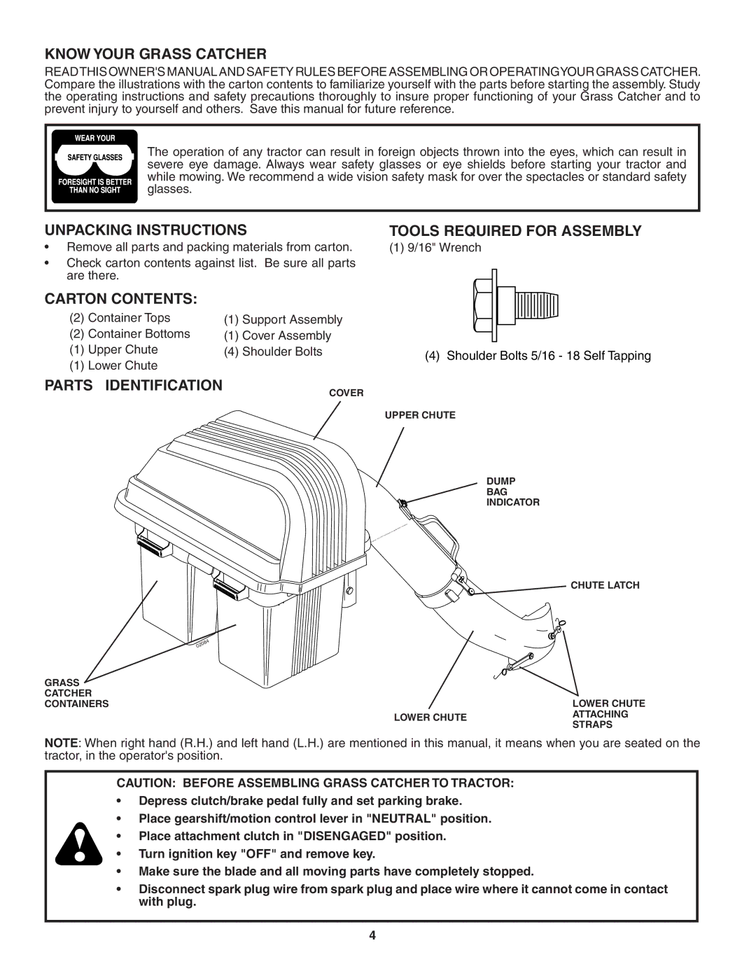 Poulan 954 04 05-10, QC42B, 183187 Know Your Grass Catcher, Unpacking Instructions, Carton Contents, Parts Identification 