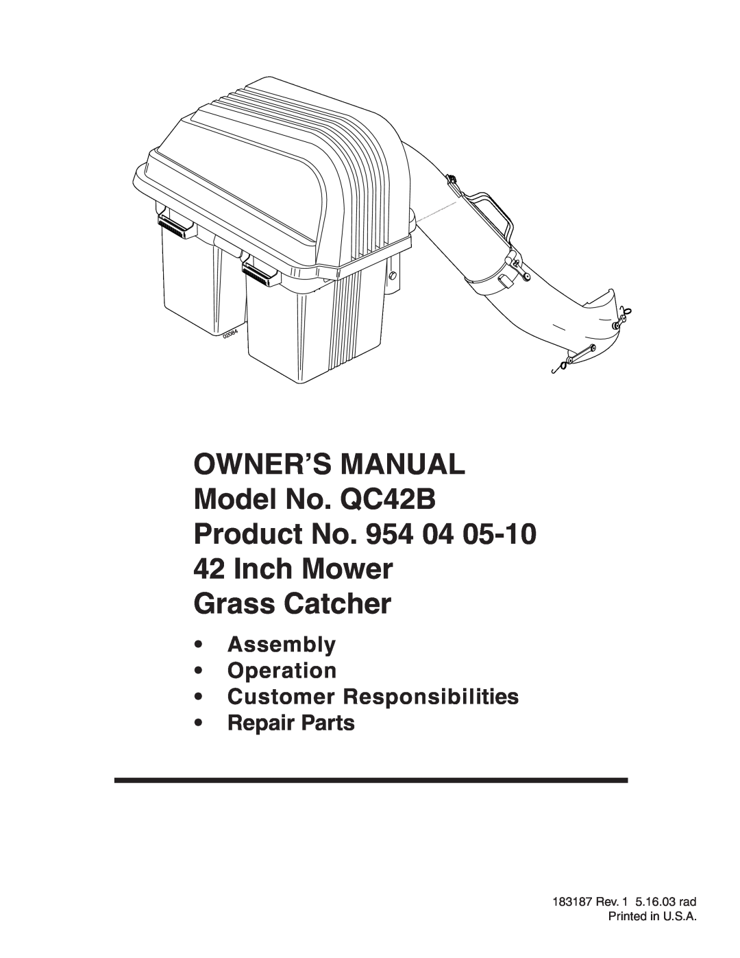 Poulan 954 04 05-10 owner manual Inch Mower Grass Catcher, Assembly Operation Customer Responsibilities, Repair Parts 