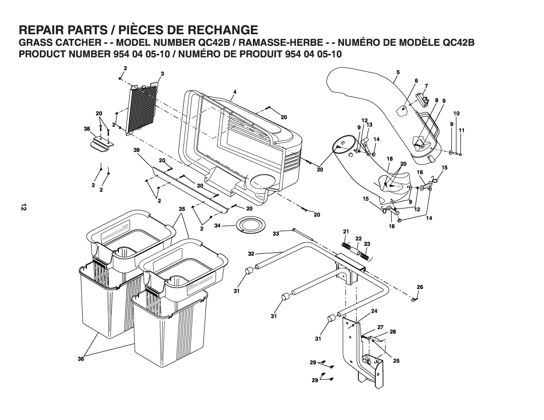 Poulan QC42B, 954 04 05-10, 183187 owner manual Repair Parts / Pièces De Rechange 
