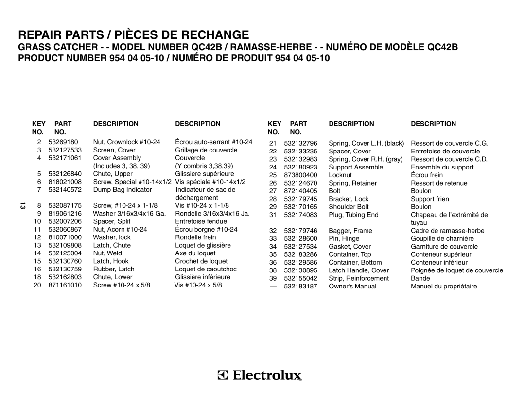 Poulan 954 04 05-10, QC42B, 183187 owner manual Repair Parts / Pièces De Rechange 