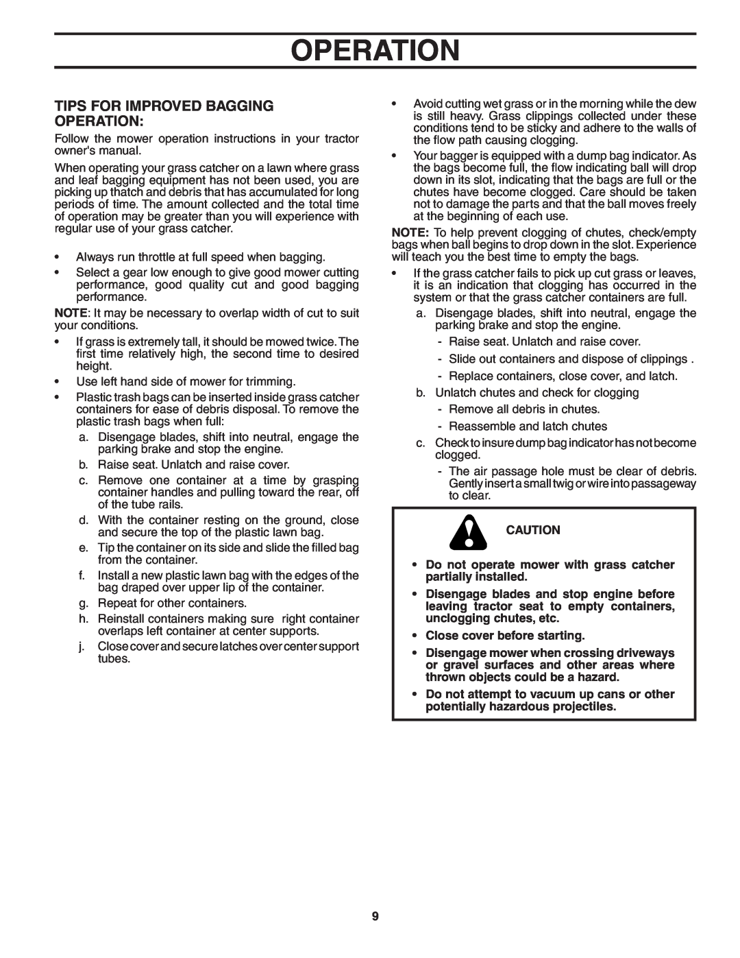 Poulan QC42B, 954 04 05-10, 183187 owner manual Tips For Improved Bagging Operation 