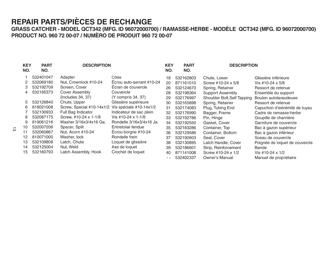 Poulan 960 72 00-07, QCT342, 402337 owner manual KEY Part Description 