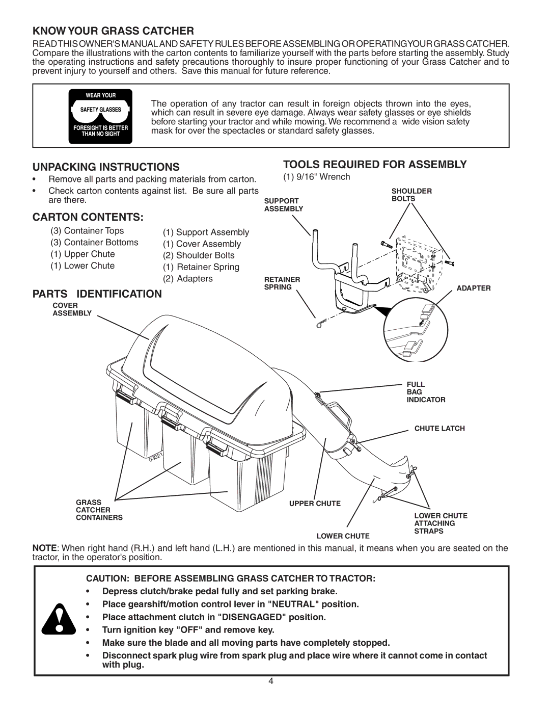 Poulan 960 72 00-07, QCT342, 402337 Know Your Grass Catcher, Unpacking Instructions, Carton Contents, Parts Identification 