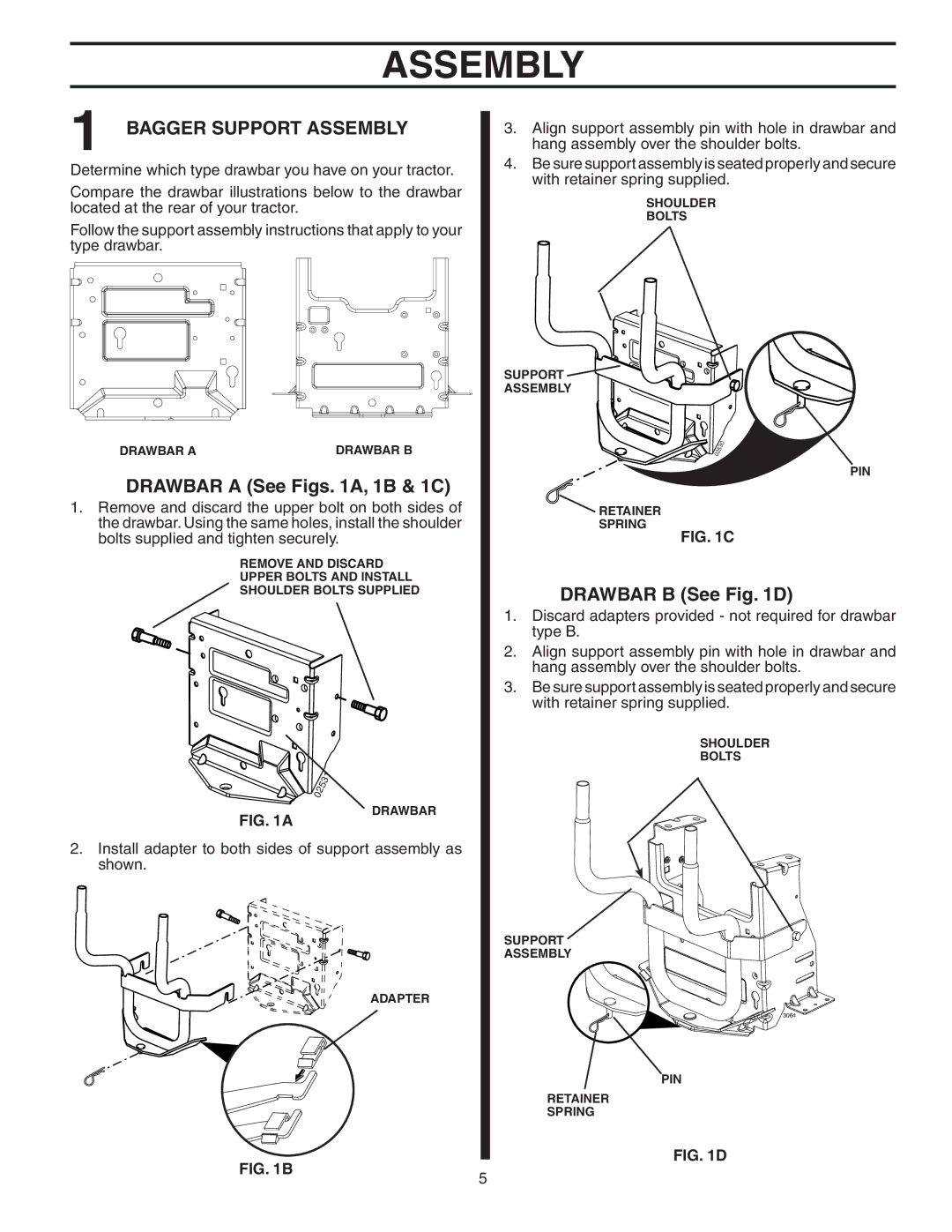 Poulan 402337, QCT342, 960 72 00-07 owner manual Bagger Support Assembly, Drawbar a See Figs A, 1B & 1C, Drawbar B See D 