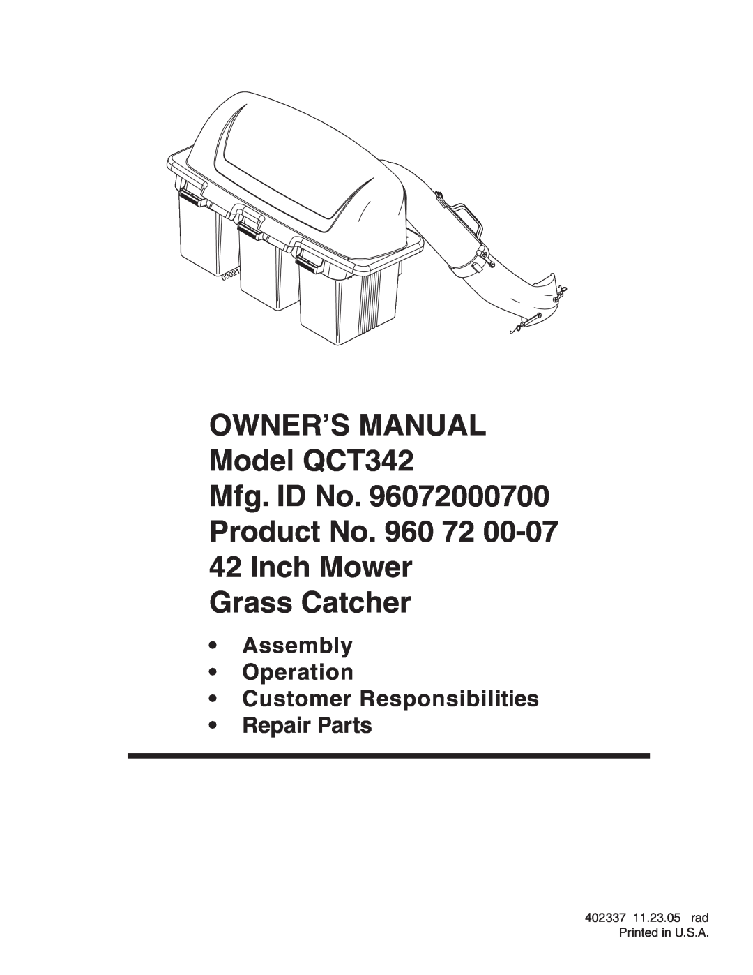Poulan 960 72 00-07, QCT342, 402337 owner manual Product No. 960 72 42 Inch Mower Grass Catcher, Repair Parts 