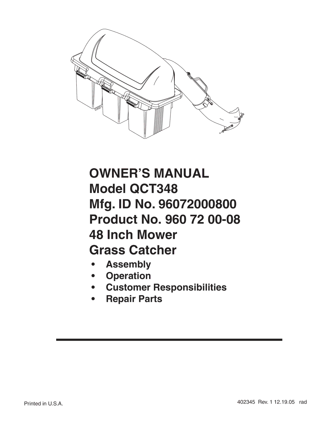 Poulan 960 72 00-08, QCT348, 402345 owner manual Assembly Operation Customer Responsibilities Repair Parts 