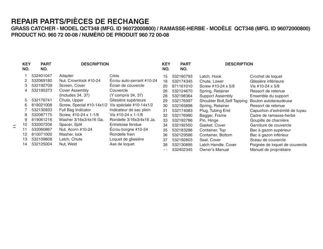 Poulan 402345, QCT348, 960 72 00-08 owner manual KEY Part Description 