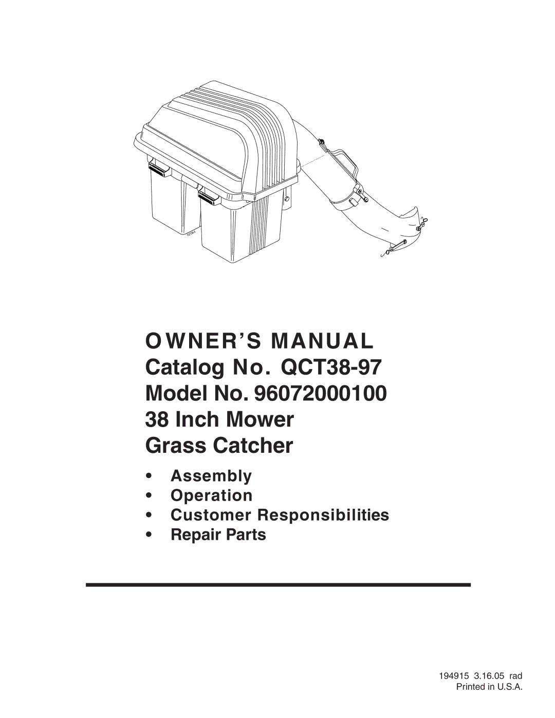 Poulan 96072000100, 194915 owner manual WNER’S Manual, Catalog No. QCT38-97 Model No Inch Mower Grass Catcher 