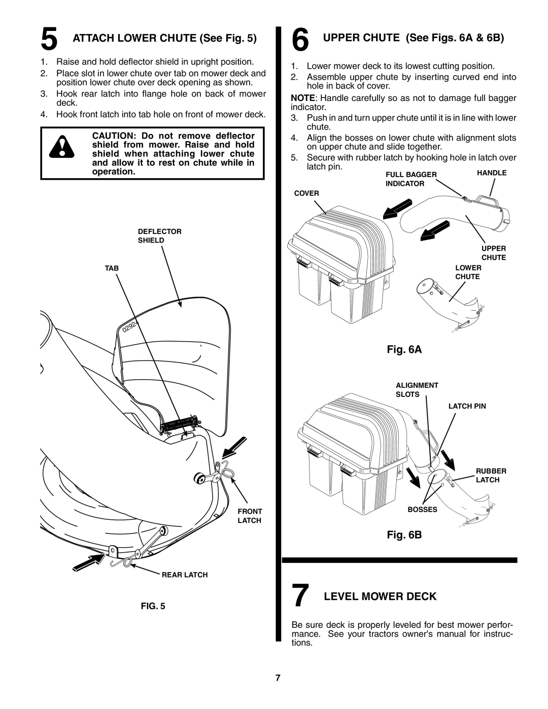 Poulan 96072000100, QCT38-97, 194915 owner manual Attach Lower Chute See Fig, Upper Chute See Figs a & 6B, Level Mower Deck 