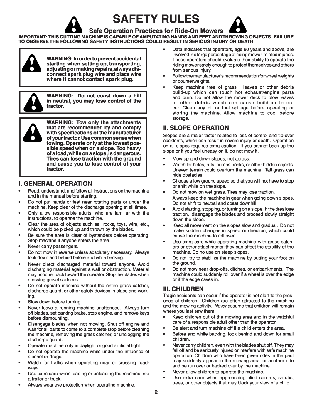 Poulan 194915 Safety Rules, Safe Operation Practices for Ride-OnMowers, I. General Operation, Ii. Slope Operation 