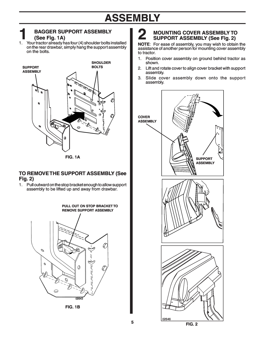 Poulan 194915 See A, TO REMOVE THE SUPPORT ASSEMBLY See Fig, Bagger Support Assembly, Mounting Cover Assembly To 