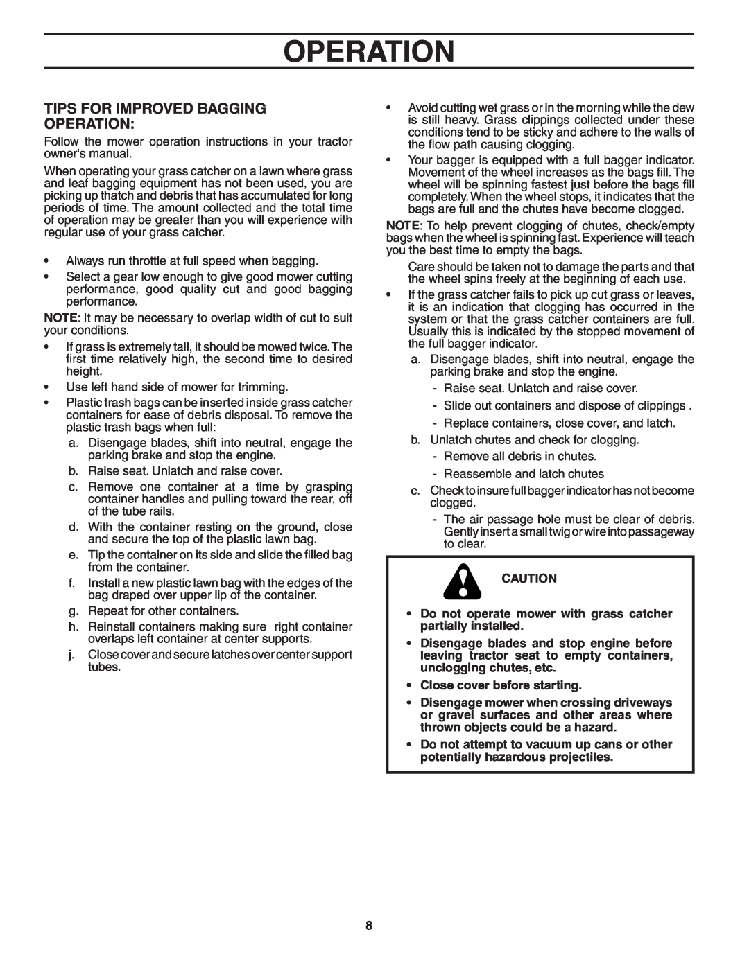 Poulan 194915, QCT38-97, 96072000100 owner manual Tips For Improved Bagging Operation 