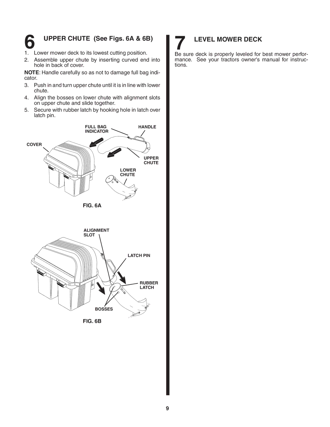 Poulan QCT42, 402338, 960 72 00-06 owner manual Upper Chute See Figs a & 6B, Level Mower Deck 