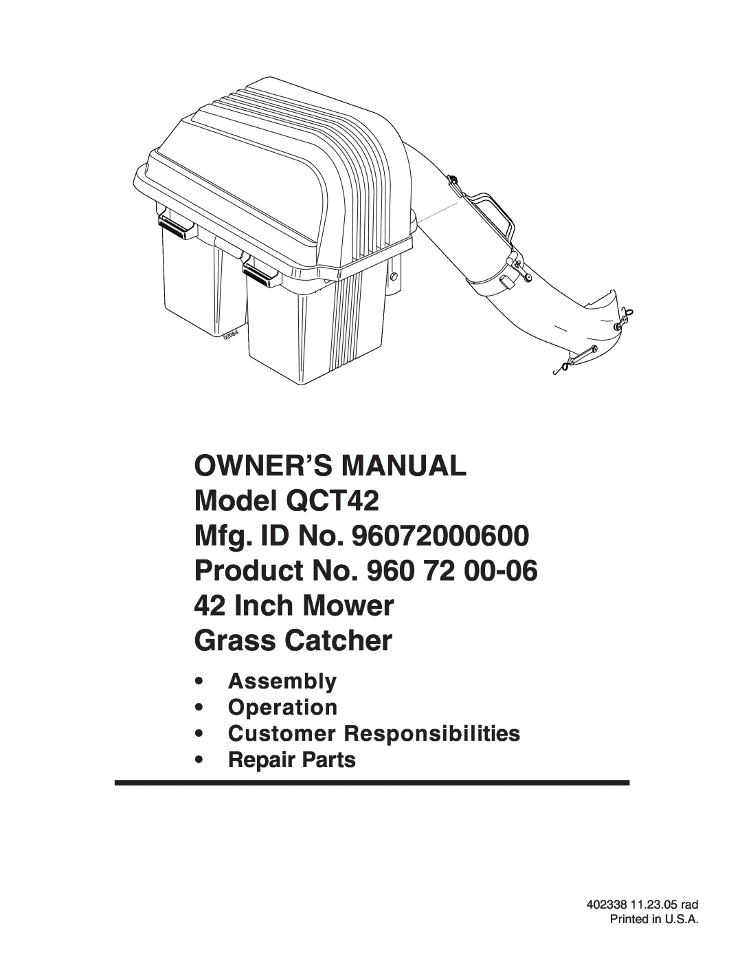 Poulan 402338 owner manual OWNER’S MANUAL Model QCT42 Mfg. ID No, Product No. 960 72 42 Inch Mower Grass Catcher, NIN e m 