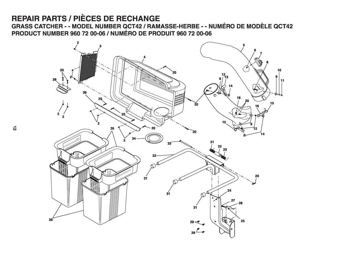 Poulan QCT42, 402338, 960 72 00-06 owner manual Repair Parts / Pièces De Rechange 