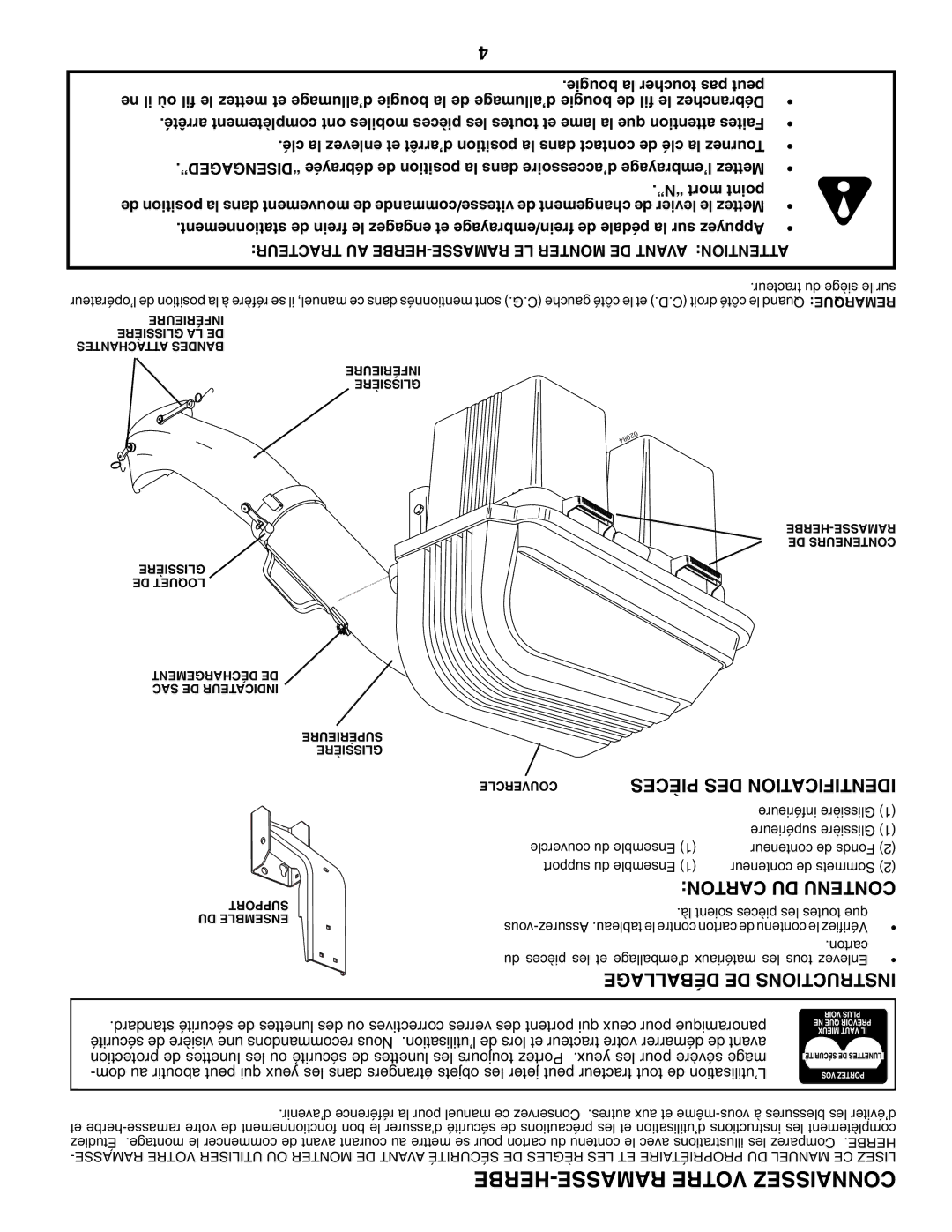Poulan QCT46 Pièces DES Identification, Gelabaldé DE Instructions, Tracteur AU HERBE-RAMASSE LE Monter DE Avant Attention 