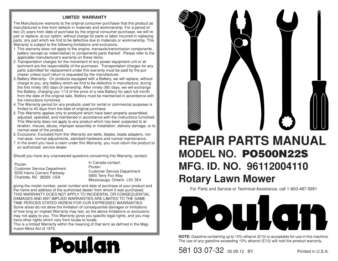 Poulan rotary lawn mower warranty Repair Parts Manual 