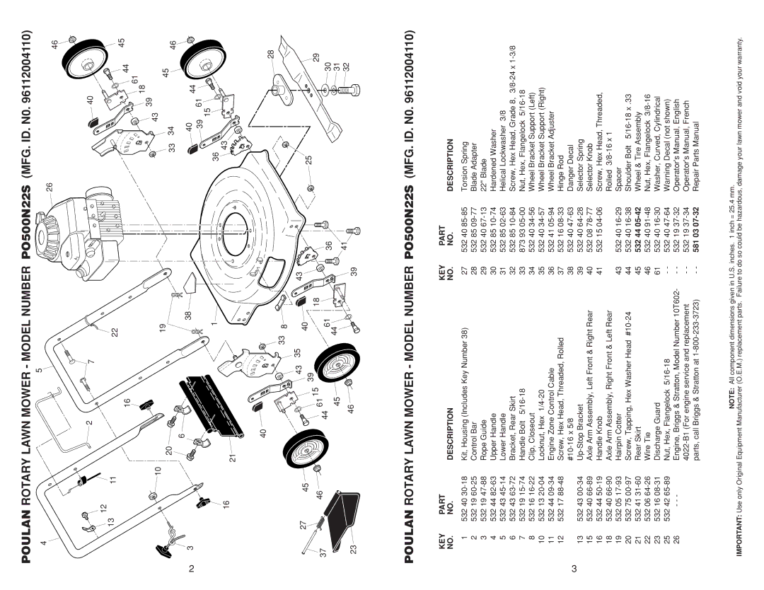 Poulan rotary lawn mower warranty 532 44, 581 03 