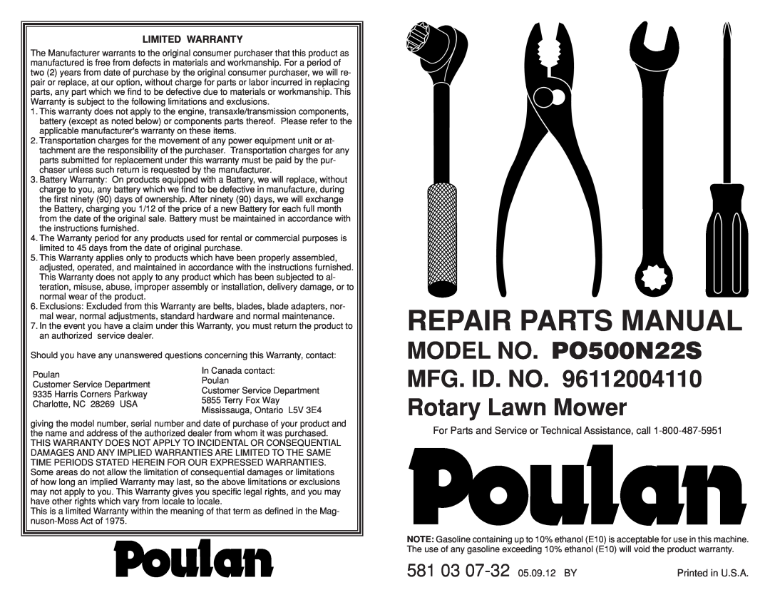 Poulan rotary lawn mower warranty Repair Parts Manual, 581 03 07-32 05.09.12 BY, Limited Warranty 
