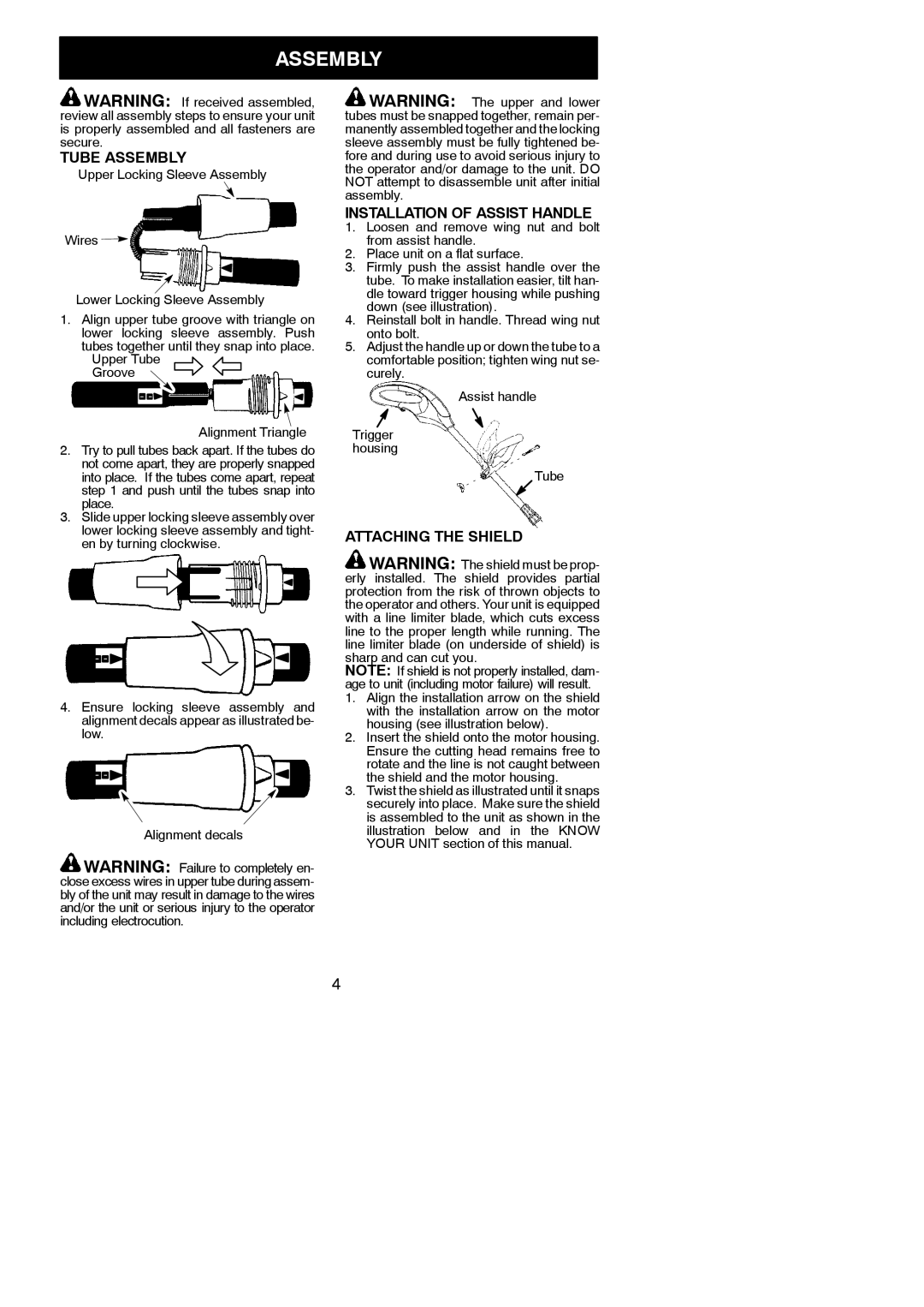 Poulan RT112C instruction manual Tube Assembly, Installation of Assist Handle, Attaching the Shield 