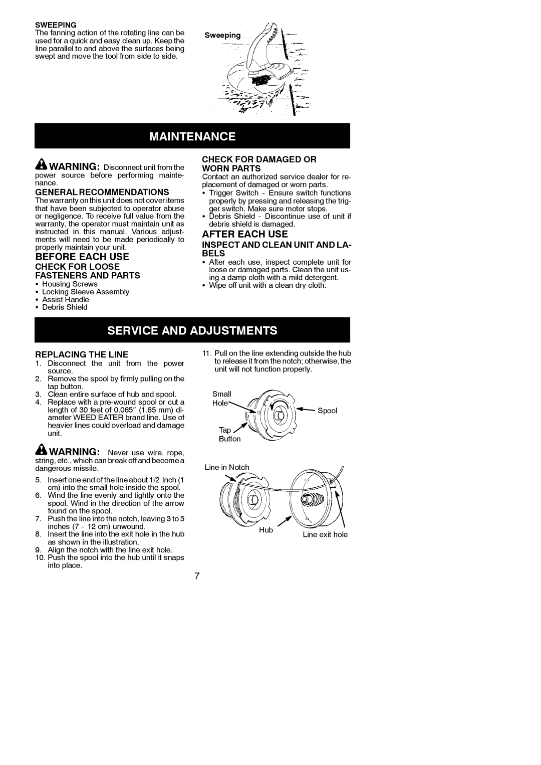 Poulan RT112C instruction manual Maintenance, Service and Adjustments, Before Each USE, After Each USE 