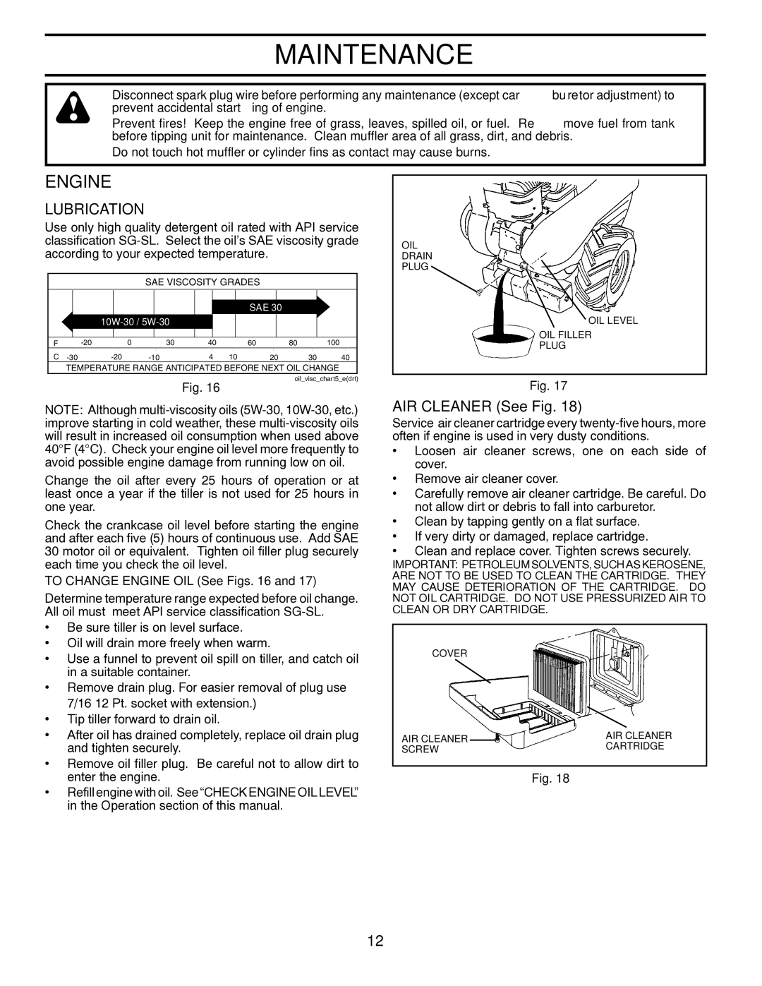 Poulan RT900, 432121, 96092002100 manual AIR Cleaner See Fig, To Change Engine OIL See Figs 