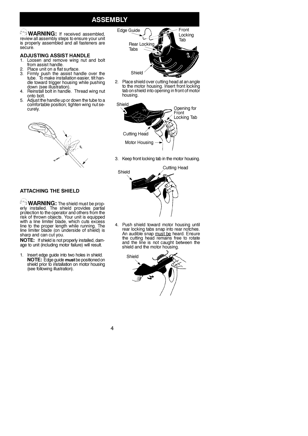 Poulan RTE115 instruction manual Assembly, Adjusting Assist Handle, Attaching the Shield, Edge Guide 