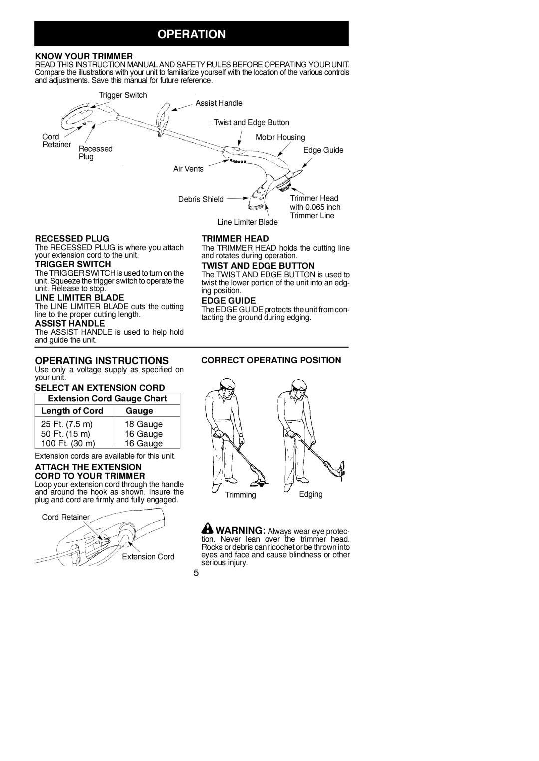 Poulan RTE115 instruction manual Operation, Operating Instructions 