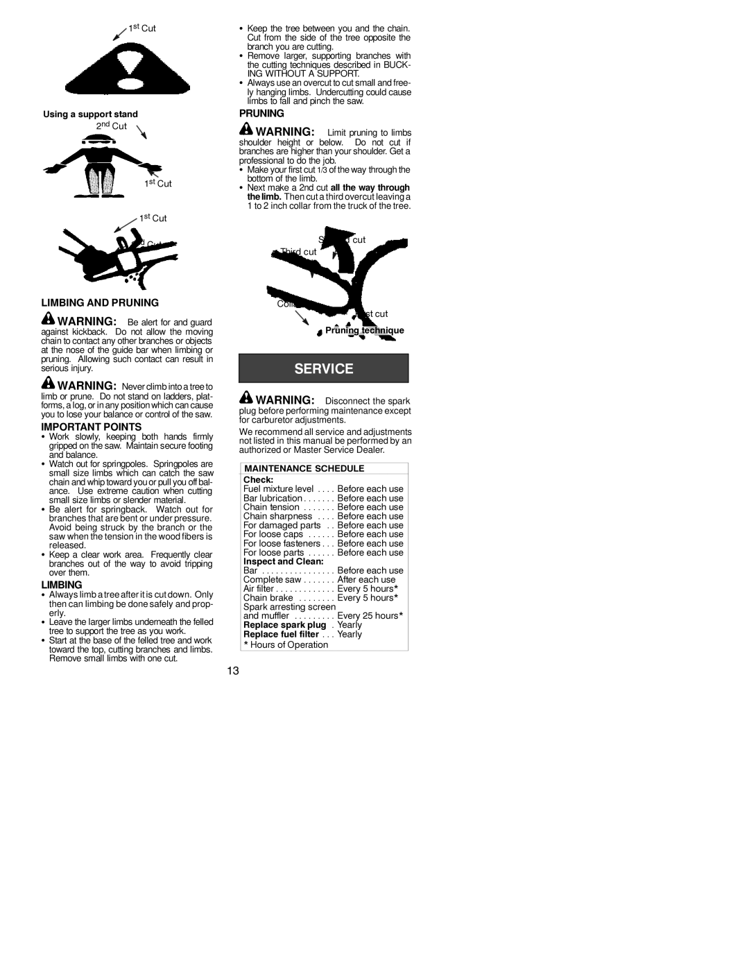 Poulan S1634 LE, S1838 LE Limbing and Pruning Important Points, 1st Cut 2nd Cut, Second cut Third cut Collar First cut 