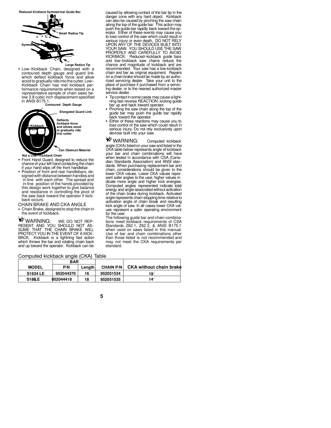 Poulan S1634 LE, S1838 LE instruction manual Chain Brake and CKA Angle, 952044370, 952051534, 952044418, 952051535 