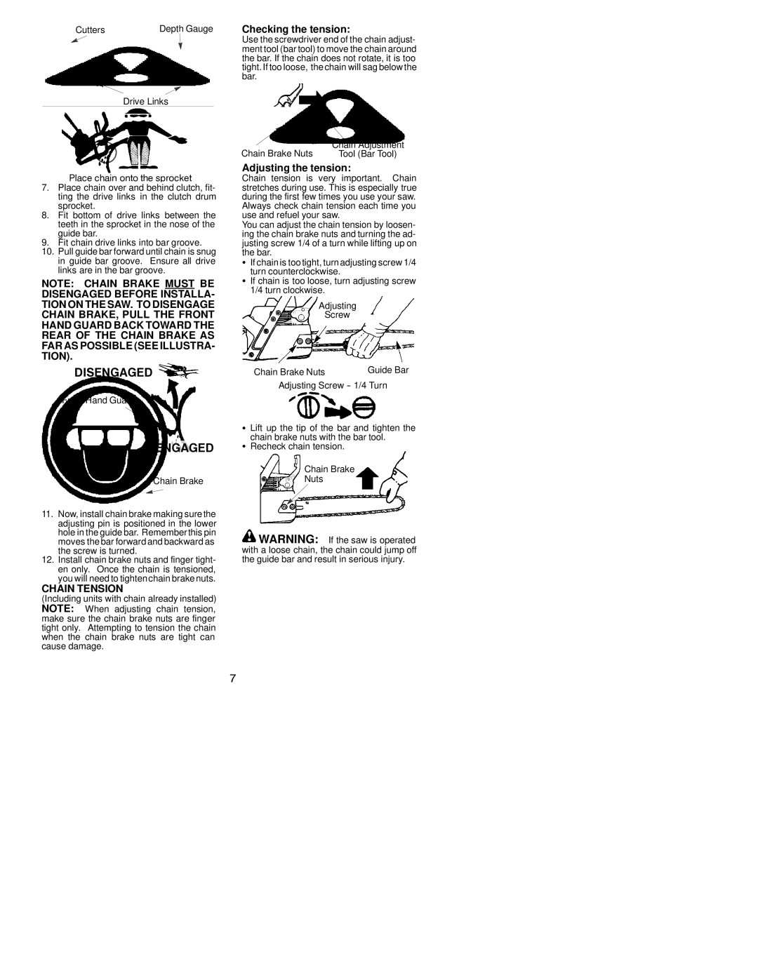 Poulan S1634 LE, S1838 LE instruction manual Checking the tension, Chain Tension, Adjusting the tension 